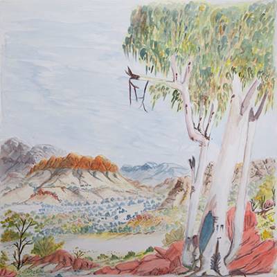 Australian Indigenous (Aboriginal and Torres Strait Islander) artwork by LENIE NAMATJIRA of Ngurratjuta Iltja Ntjarra (Many Hands). The title is West MacDonnell Ranges near Alice Springs, NT. [24-15] (Watercolour on Paper)