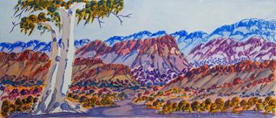 Australian Indigenous (Aboriginal and Torres Strait Islander) artwork by IVY PAREROULTJA of Ngurratjuta Iltja Ntjarra (Many Hands). The title is West MacDonnell Ranges, near Ormiston Gorge. [NGUR09IPA9502] (Watercolour with Board Backing)