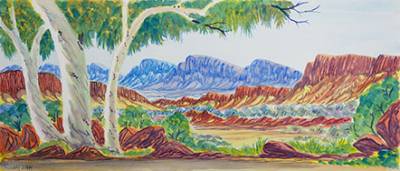 Australian Indigenous (Aboriginal and Torres Strait Islander) artwork by HILARY WIRRI of Ngurratjuta Iltja Ntjarra (Many Hands). The title is West MacDonnell Ranges, NT. [69-10] (Watercolour with Board Backing)