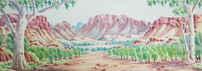 Australian Indigenous (Aboriginal and Torres Strait Islander) artwork by HUBERT PAREROULTJA of Ngurratjuta Iltja Ntjarra (Many Hands). The title is West MacDonnell Ranges, NT. [427-12] (Watercolour on Paper)