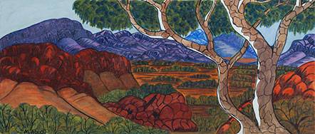 Australian Indigenous (Aboriginal and Torres Strait Islander) artwork by MARIE ABBOTT-RAMJOHN of Ngurratjuta Iltja Ntjarra (Many Hands). The title is West MacDonnell Ranges, NT. [NGUR09MRA9175] (Watercolour with Board Backing)