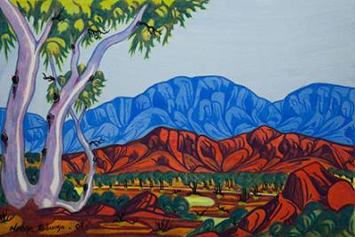 Australian Indigenous (Aboriginal and Torres Strait Islander) artwork by MERVYN RUBUNTJA of Ngurratjuta Iltja Ntjarra (Many Hands). The title is West MacDonnell Ranges, NT. [NGUR09MRU9403] (Watercolour on Paper)