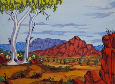 Australian Indigenous (Aboriginal and Torres Strait Islander) artwork by MERVYN RUBUNTJA of Ngurratjuta Iltja Ntjarra (Many Hands). The title is West MacDonnell Ranges, NT. [283-13] (Watercolour with Board Backing)