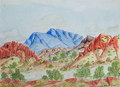 Australian Indigenous (Aboriginal and Torres Strait Islander) artwork by LENIE NAMATJIRA of Ngurratjuta Iltja Ntjarra (Many Hands). The title is West MacDonnell Ranges West from Papunya. [82-15] (Watercolour on Paper)