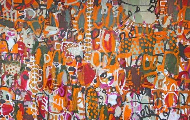 Australian Indigenous (Aboriginal and Torres Strait Islander) artwork by NAOMI HOBSON of Miscellaneous Artists. The title is What is Left. [NH202009004] (Acrylic on Linen)