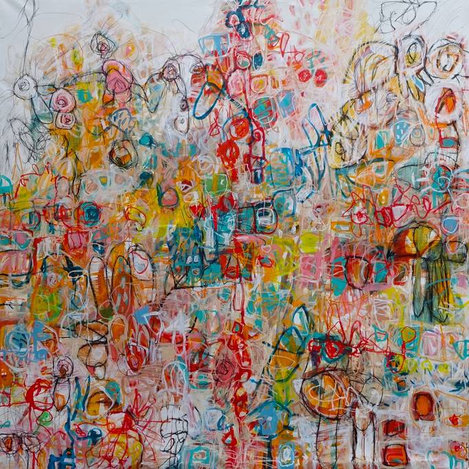 Australian Indigenous (Aboriginal and Torres Strait Islander) artwork by ROBBI NEAL of Miscellaneous Artists. The title is When We’re All Together. [RN200222L] (Oil and Acrylic on Linen)