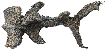 Australian Indigenous (Aboriginal and Torres Strait Islander) artwork by JIMMY JOHN THAIDAY of Erub Erwer Meta. The title is Wild Kid. [16-69] (Ghost Nets, Rope & Twine over Mesh Frame)