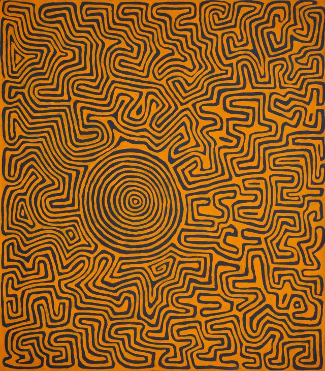 Australian Indigenous (Aboriginal and Torres Strait Islander) artwork by RONNIE TJAMPITJINPA of Papunya Tula Artists. The title is Wililnya. [RT0804064] (Acrylic on Belgian Linen)