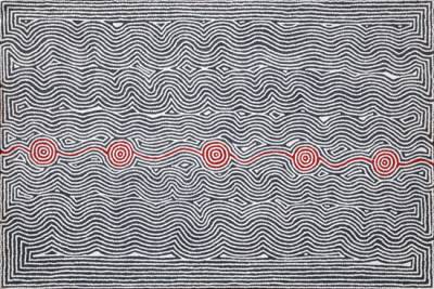 Australian Indigenous (Aboriginal and Torres Strait Islander) artwork by GRAHAM GORDON of Warlayirti Artists (Balgo). The title is Wilkinkarra. [1/10] (Acrylic on Linen)