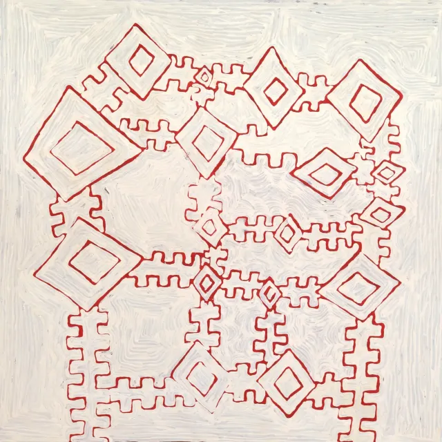 Australian Indigenous (Aboriginal and Torres Strait Islander) artwork by NYILYARI TJAPANGATI of Papunya Tula Artists. The title is Wilkinkarra. [NT1009030] (Acrylic on Belgian Linen)