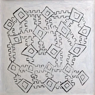 Australian Indigenous (Aboriginal and Torres Strait Islander) artwork by NYILYARI TJAPANGATI of Papunya Tula Artists. The title is Wilkinkarra. [NT0907165] (Acrylic on Belgian Linen)