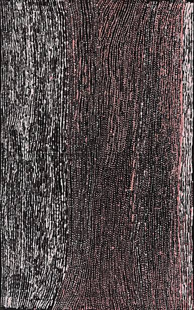 Australian Indigenous (Aboriginal and Torres Strait Islander) artwork by CORNELIA TIPUAMANTUMIRRI of Munupi Artists. The title is Winga (Tidal Movement/Waves). [12cor256] (Ochre on Linen)