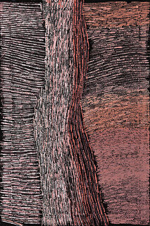 Australian Indigenous (Aboriginal and Torres Strait Islander) artwork by CORNELIA TIPUAMANTUMIRRI of Munupi Artists. The title is Winga (Tidal Movement/Waves). [12cor375] (Ochre on Linen)