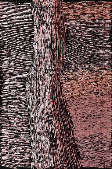 Australian Indigenous (Aboriginal and Torres Strait Islander) artwork by CORNELIA TIPUAMANTUMIRRI of Munupi Artists. The title is Winga (Tidal Movement/Waves). [12cor375] (Ochre on Linen)