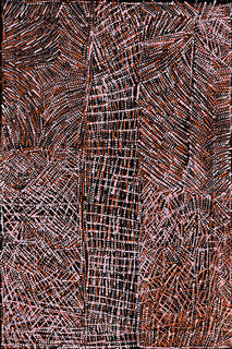 Australian Indigenous (Aboriginal and Torres Strait Islander) artwork by CORNELIA TIPUAMANTUMIRRI of Munupi Artists. The title is Winga (Tidal Movement/Waves). [14-20] (Ochre on Linen)