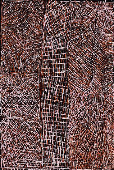 Australian Indigenous (Aboriginal and Torres Strait Islander) artwork by CORNELIA TIPUAMANTUMIRRI of Munupi Artists. The title is Winga (Tidal Movement/Waves). [14-20] (Ochre on Linen)