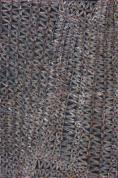 Australian Indigenous (Aboriginal and Torres Strait Islander) artwork by CORNELIA TIPUAMANTUMIRRI of Munupi Artists. The title is Winga (Tidal Movement/Waves). [16-196] (Ochre on Linen)