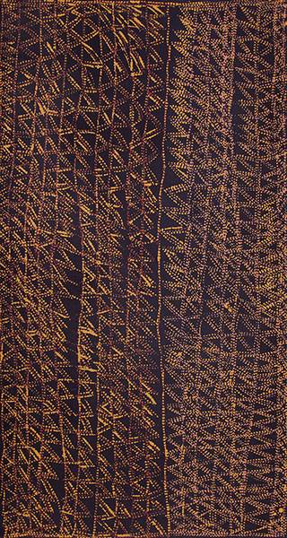 Australian Indigenous (Aboriginal and Torres Strait Islander) artwork by CORNELIA TIPUAMANTUMIRRI of Munupi Artists. The title is Winga (Tidal Movement/Waves). [16-277] (Ochre on Linen)
