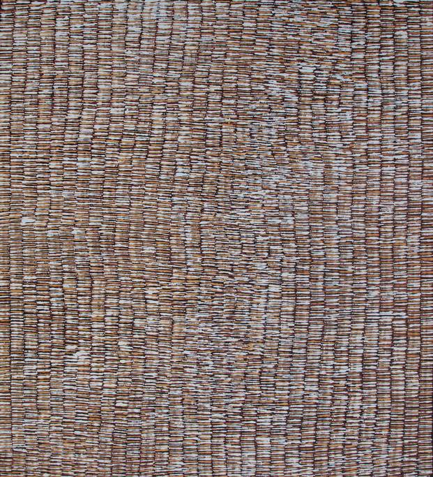 Australian Indigenous (Aboriginal and Torres Strait Islander) artwork by ALISON PURUNTATAMERI of Munupi Artists. The title is Winga (Tidal Movement/Waves). [20-227] (Ochre on Linen)