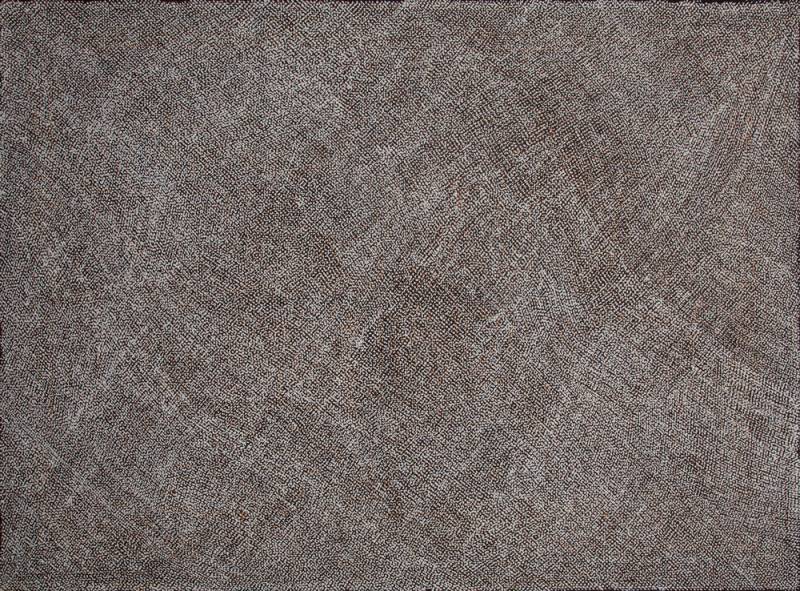 Australian Indigenous (Aboriginal and Torres Strait Islander) artwork by DELORES TIPUAMANTUMIRRI of Munupi Artists. The title is Winga (Tidal Movement/Waves). [19-440] (Ochre on Linen)