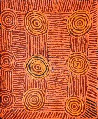 Australian Indigenous (Aboriginal and Torres Strait Islander) artwork by NANCY YOUNG NAPANANGKA of Papunya Tula Artists. The title is Wingelina. [NY0810273] (Acrylic on Linen)