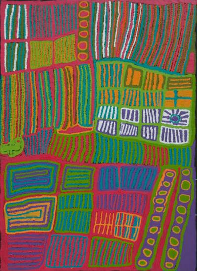 Australian Indigenous (Aboriginal and Torres Strait Islander) artwork by WEAVER JACK of Bidyadanga Artists (Yulparija & Mangala). The title is Winpa. [24317] (Acrylic on Linen)
