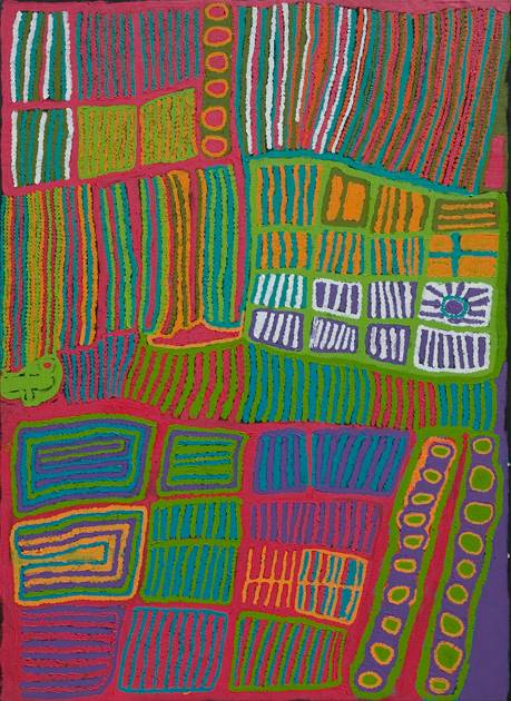 Australian Indigenous (Aboriginal and Torres Strait Islander) artwork by WEAVER JACK of Bidyadanga Artists (Yulparija & Mangala). The title is Winpa. [24317] (Acrylic on Linen)