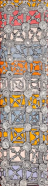 Australian Indigenous (Aboriginal and Torres Strait Islander) artwork by RAYMOND TJAPALTJARRI of Papunya Tula Artists. The title is Wirrilpinya. [RT0810179] (Acrylic on Linen)