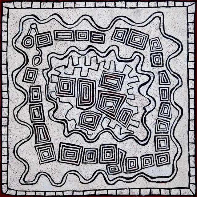 Australian Indigenous (Aboriginal and Torres Strait Islander) artwork by PATRICK TJUNGURRAYI of Papunya Tula Artists. The title is Wirrilpinya. [PT1201012] (Acrylic on Belgian Linen)
