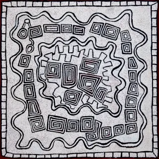 Australian Indigenous (Aboriginal and Torres Strait Islander) artwork by PATRICK TJUNGURRAYI of Papunya Tula Artists. The title is Wirrilpinya. [PT1201012] (Acrylic on Belgian Linen)