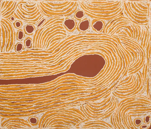 Australian Indigenous (Aboriginal and Torres Strait Islander) artwork by NINGURA NAPURRULA of Papunya Tula Artists. The title is Wirrulnga. [NN0604005] (Acrylic on Belgian Linen)