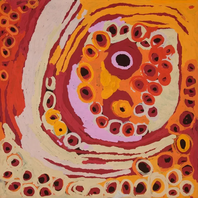 Australian Indigenous (Aboriginal and Torres Strait Islander) artwork by KATARRA BUTLER NAPALTJARRI of Papunya Tula Artists. The title is Wirrulnga. [KB1404037] (Acrylic on Belgian Linen)