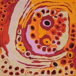 Australian Indigenous (Aboriginal and Torres Strait Islander) artwork by KATARRA BUTLER NAPALTJARRI of Papunya Tula Artists. The title is Wirrulnga. [KB1404037] (Acrylic on Belgian Linen)