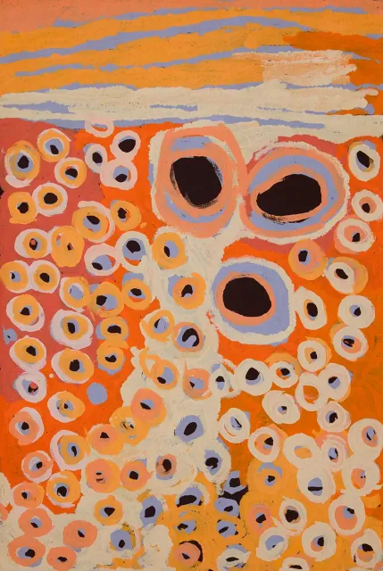 Australian Indigenous (Aboriginal and Torres Strait Islander) artwork by KATARRA BUTLER NAPALTJARRI of Papunya Tula Artists. The title is Wirrulnga. [KB1310030] (Acrylic on Belgian Linen)