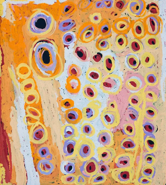 Australian Indigenous (Aboriginal and Torres Strait Islander) artwork by KATARRA BUTLER NAPALTJARRI of Papunya Tula Artists. The title is Wirrulnga. [KB1403015] (Acrylic on Belgian Linen)