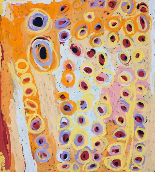 Australian Indigenous (Aboriginal and Torres Strait Islander) artwork by KATARRA BUTLER NAPALTJARRI of Papunya Tula Artists. The title is Wirrulnga. [KB1403015] (Acrylic on Belgian Linen)