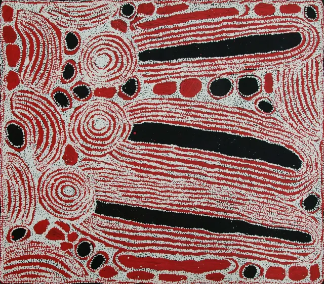 Australian Indigenous (Aboriginal and Torres Strait Islander) artwork by NINGURA NAPURRULA of Papunya Tula Artists. The title is Wirrulnga. [NN0909075] (Acrylic on Belgian Linen)