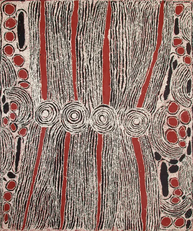 Australian Indigenous (Aboriginal and Torres Strait Islander) artwork by NINGURA NAPURRULA of Papunya Tula Artists. The title is Wirrulnga. [NN0711223] (Acrylic on Belgian Linen)