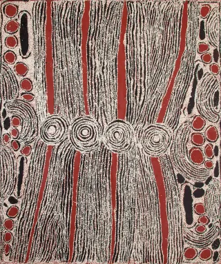 Australian Indigenous (Aboriginal and Torres Strait Islander) artwork by NINGURA NAPURRULA of Papunya Tula Artists. The title is Wirrulnga. [NN0711223] (Acrylic on Belgian Linen)