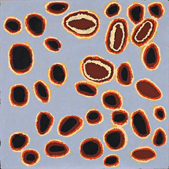 Australian Indigenous (Aboriginal and Torres Strait Islander) artwork by INYUWA NAMPITJINPA of Papunya Tula Artists. The title is Women’s Dreaming at the Water Site of Punkilpirri. [IN980531] (Acrylic on Belgian Linen)