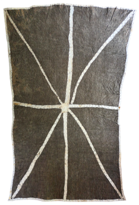 Australian Indigenous (Aboriginal and Torres Strait Islander) artwork by BRENDA KESI (ARIRÉ) of Omie Artists. The title is Wo’ohohe - Ground-Burrowing Spider. [16-040] (Sihoti’e Taliobamë’e - Appliquéd Mud-Dyed Nioge (Barkcloth))