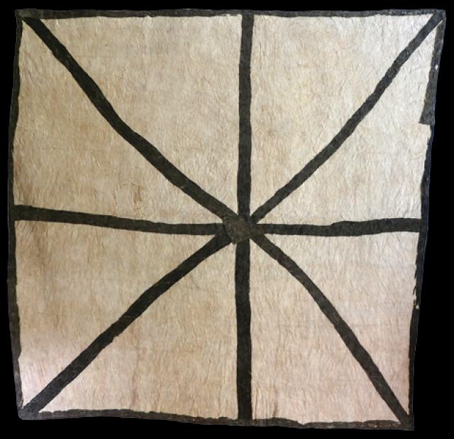 Australian Indigenous (Aboriginal and Torres Strait Islander) artwork by BRENDA KESI (ARIRÉ) of Omie Artists. The title is Wo’ohohe - Ground-Burrowing Spider. [16-041] (Sihoti’e Taliobamë’e - Appliquéd Mud-Dyed Nioge (Barkcloth))