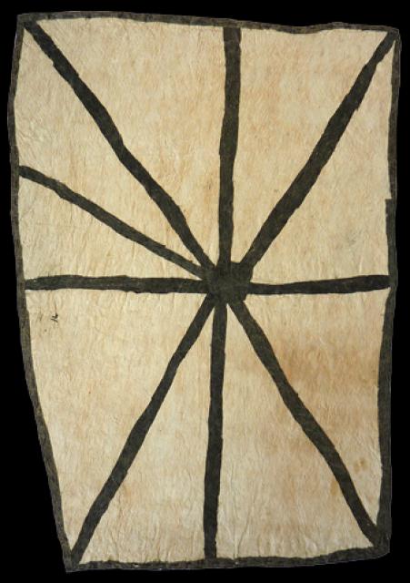 Australian Indigenous (Aboriginal and Torres Strait Islander) artwork by BRENDA KESI (ARIRÉ) of Omie Artists. The title is Wo’ohohe - Ground-Burrowing Spider. [14-072] (Sihoti’e Taliobamë’e - Appliquéd Mud-Dyed Nioge (Barkcloth))