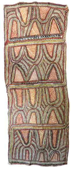 Australian Indigenous (Aboriginal and Torres Strait Islander) artwork by FATE SAVARI (ISAWDI) of Omie Artists. The title is Worro worrë nioge / Matabuté [Worro worrë ohu’o in’e in’e (with ov’e, arére ajivé, ijo bunobun’e, dubi han’e, mwe, buboriano’e, sabu deje, mi’ija’ahe ohu’o ije bi’weje)] - Ancestor’s turtle shell pendant design barkcloth [turtle shell pendant and fragments of turtle shell (with human hand, daybreak (first light of the sun on the horizon), tree roots in the garden, leaves of the dubi’e tree, gardens, beaks of the Papuan Hornbill, animal bones found while digging in the garden, spots of the wood-boring grub and wallaby’s tailbone). [11-101] (Natural Pigments on Nioge (Woman’s Barkcloth Skirt))