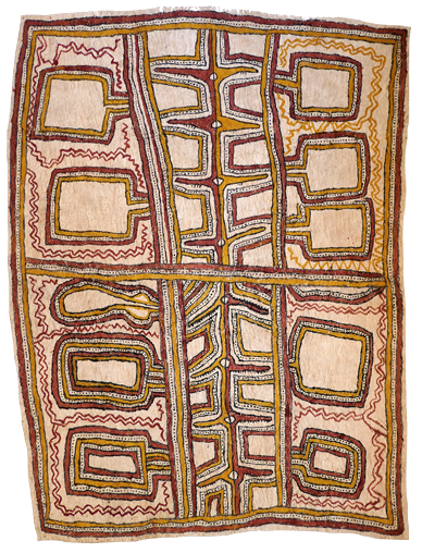 Australian Indigenous (Aboriginal and Torres Strait Islander) artwork by FATE SAVARI (ISAWDI) of Omie Artists. The title is Worro worrë nioge ohu’o sabu deje - Ancestor’s turtle shell pendant barkcloth design and spots of the wood-boring grub. [14-131] (Natural Pigments on Nioge (Barkcloth))