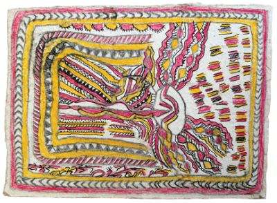 Australian Indigenous (Aboriginal and Torres Strait Islander) artwork by FATE SAVARI (ISAWDI) of Omie Artists. The title is Wovoso Nusis’e, hirokiki, amuridé  ohu’o burejé - Waterfall at River Nusis’e (on my brother’s ancestral land), with murky, yellow water and river reeds. [14-245] (Pencil and Ink on Paper)