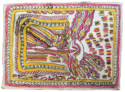 Australian Indigenous (Aboriginal and Torres Strait Islander) artwork by FATE SAVARI (ISAWDI) of Omie Artists. The title is Wovoso Nusis’e, hirokiki, amuridé  ohu’o burejé - Waterfall at River Nusis’e (on my brother’s ancestral land), with murky, yellow water and river reeds. [14-245] (Pencil and Ink on Paper)