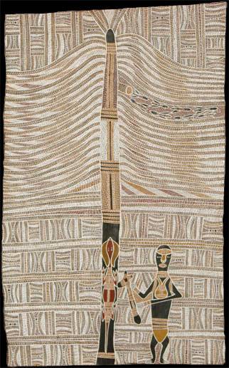 Australian Indigenous (Aboriginal and Torres Strait Islander) artwork by WOLPA WANAMBI of Buku-Larrnggay Mulka (Yirrkala). The title is Wuyal at the Wanambi Tree. [3387E] (Earth Pigments on Bark)