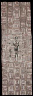 Australian Indigenous (Aboriginal and Torres Strait Islander) artwork by WOLPA WANAMBI of Buku-Larrnggay Mulka (Yirrkala). The title is Wuyal at Yanawal. [3384C] (Earth Pigments on Bark)