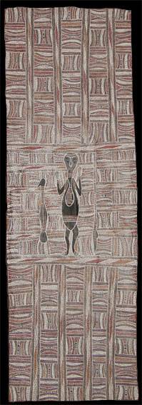 Australian Indigenous (Aboriginal and Torres Strait Islander) artwork by WOLPA WANAMBI of Buku-Larrnggay Mulka (Yirrkala). The title is Wuyal at Yanawal. [3384C] (Earth Pigments on Bark)